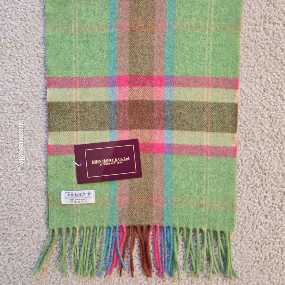 NWT John Hanly Ireland Lambswool Scarf Green & Pink Plaid - Picture 4 of 9